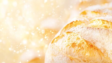Close up of a golden brown bread loaf against soft bokeh lights background