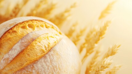 Fresh sourdough bread loaf beside golden wheat stalks for a healthy breakfast