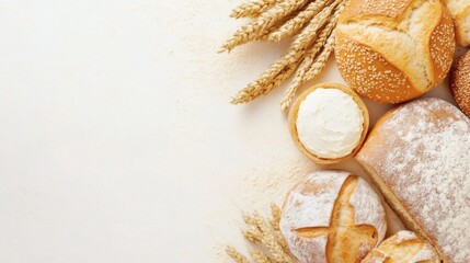 Assorted breads and bowl of cream cheese are displayed with wheat on white background