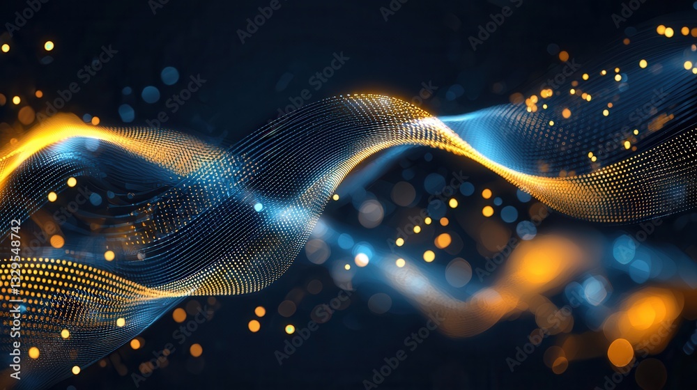 Poster a captivating abstract and futuristic digital composition featuring a dynamic display of shimmering 