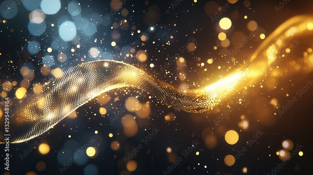 Poster a mesmerizing futuristic abstract design featuring a dynamic flow of shimmering golden particles aga