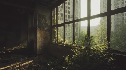 Dystopian Urban Landscape with Abandoned Modern Architecture and Weathered Skyscrapers Showing Nature Reclaiming Civilization