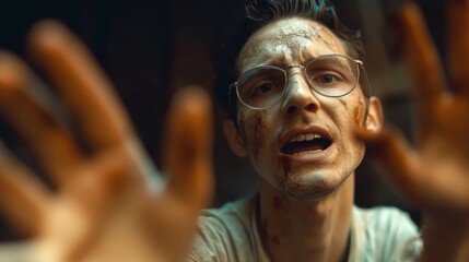 A distressed individual depicted in a chaotic environment, struggling with emotions such as fear and desperation, highlighting human vulnerability in challenging situations.