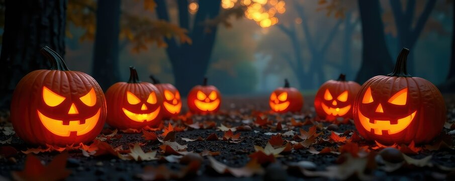 The darkness is filled with a warm glow from a circle of jack o lanterns, jack-o-lanterns, cozy, autumn