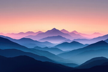 Fototapeta premium Serene sunset over layered mountains, displaying a captivating gradient of purple and blue hues.