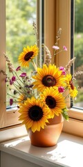 Fototapeta premium Bright Still Life with Sunflowers and Wildflowers in a Clay Pot on a Sunlit Windowsill