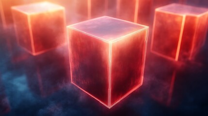 Glowing red cubes are set against an abstract dark backdrop