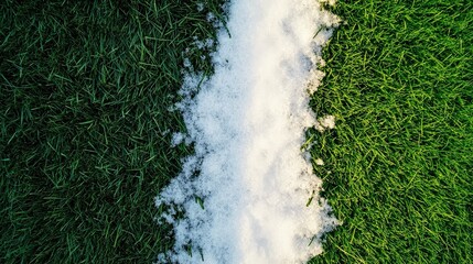 A striking compositional contrast between lush green grass and patches of snow creates a unique visual aesthetic, illustrating the beauty of nature's duality.