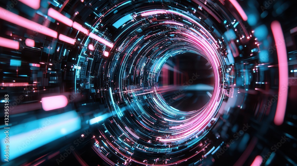 Poster a captivating and immersive digital abstract background featuring a dynamic tunnel like structure fi
