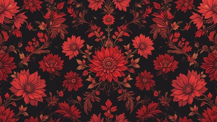 A vibrant pattern of red flowers on a black background, showcasing intricate details and a striking contrast for decoration or design.