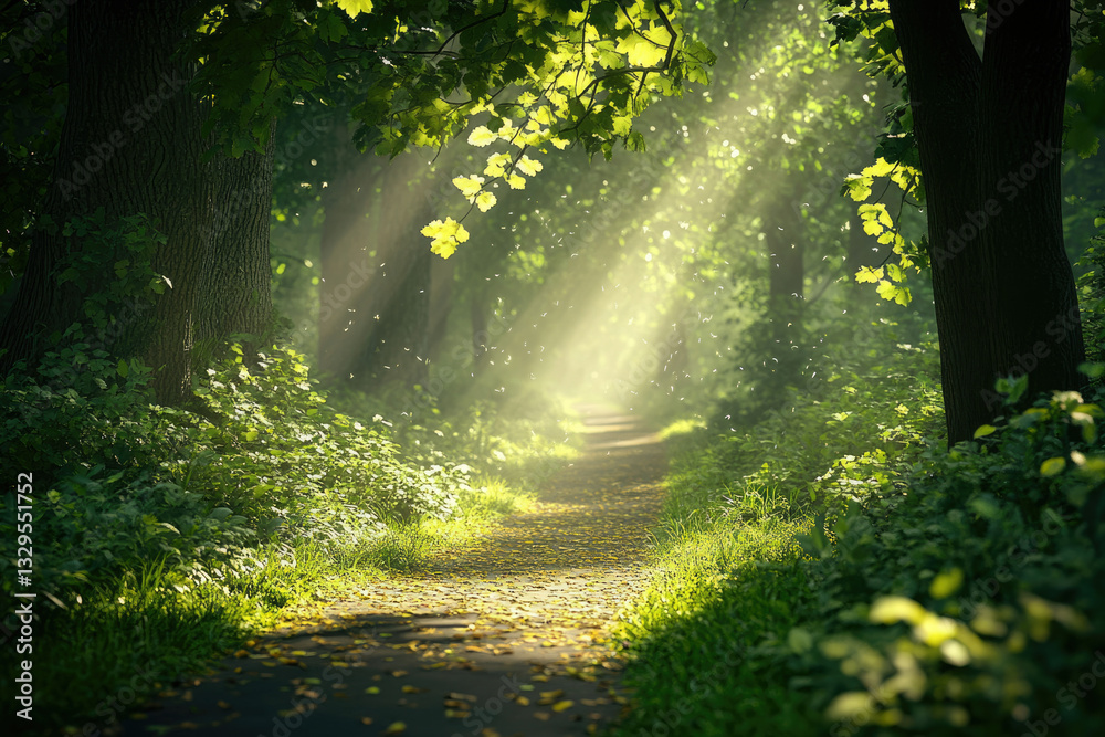 Poster sunlit path winds through a lush green forest, dappled sunlight illuminating the way.
