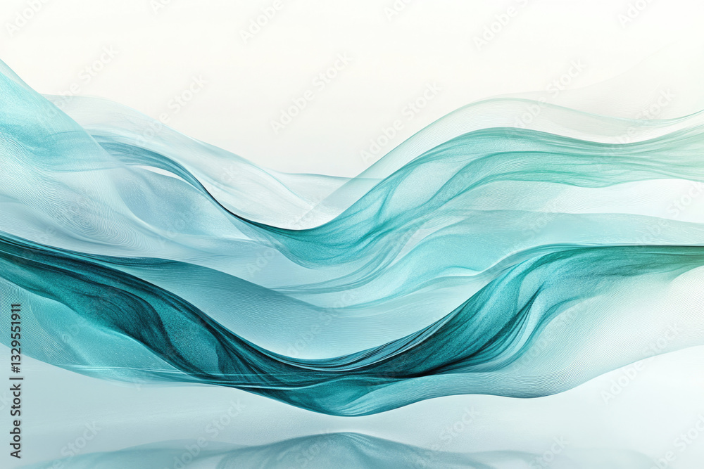 Poster abstract teal and blue waves flowing gracefully on a white background, creating a serene and elegant