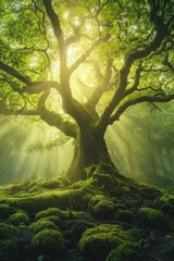 Enchanted Forest Pathway Through Ancient Trees with Mystical Morning Mist and Ethereal Sunbeams Creating Magical Atmosphere