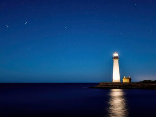 Fototapeta premium Lighthouse Set Against a Starry Night Sky with the Ocean Reflecting the Light