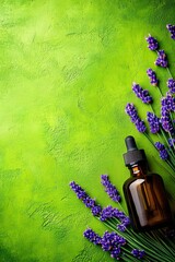 Herbal lavender oil in a dropper bottle, placed on a concrete green background for a natural and soothing aesthetic. Copy space. Top view.