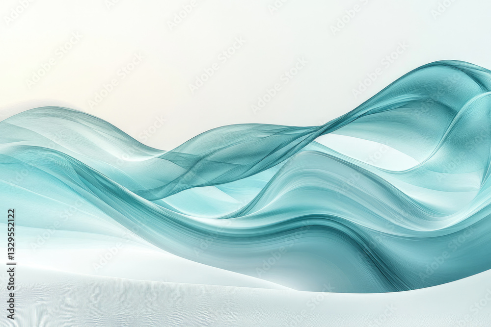 Poster abstract teal waves flowing smoothly across a white background, creating a serene and elegant design