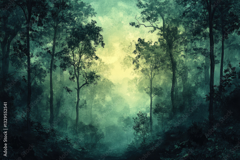 Aufkleber a mystical, fog-laden forest path winds through tall, dark trees, creating an ethereal atmosphere.
