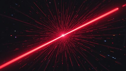 Naklejka premium A vibrant red laser beam cutting through the dark, creating a stunning visual effect with glowing particles in the background.