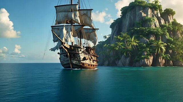 Classic pirate ship sailing in the calm blue sea near a tropical island with lush greenery and palm trees.

