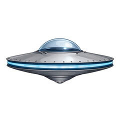 retro-futuristic ilustration of a metal flying saucer with blue lights and a glass bubble cockpit