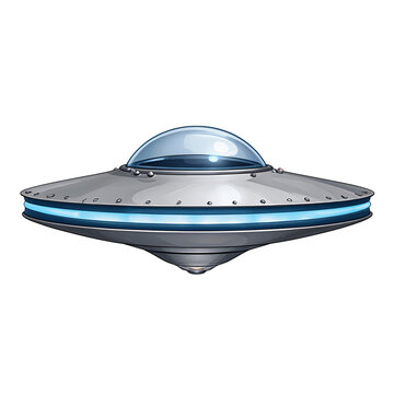 retro-futuristic ilustration of a metal flying saucer with blue lights and a glass bubble cockpit