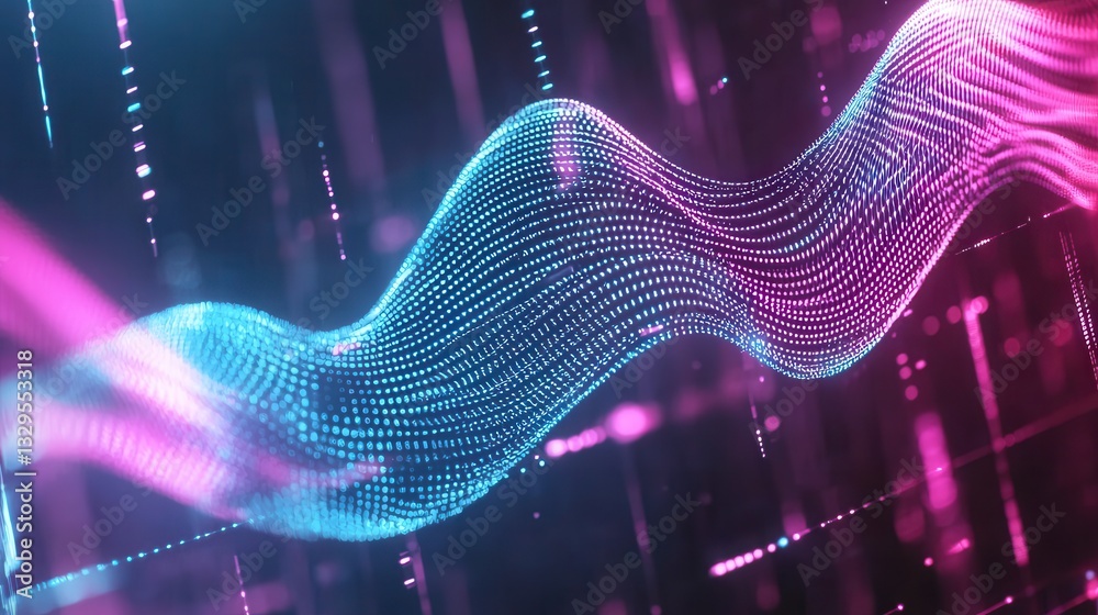 Poster abstract and futuristic digital art composition featuring vibrant neon inspired waves of light parti