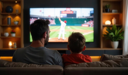 Father and son watching baseball game on tv at home