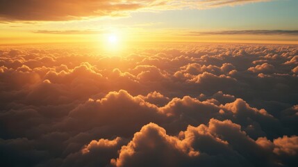 Ethereal Aerial View of Majestic Golden Hour Cloudscape with Dramatic Light Rays Breaking Through Stratosphere