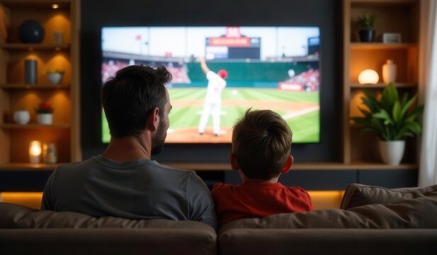 Father and son watching baseball game on tv at home - Powered by Adobe