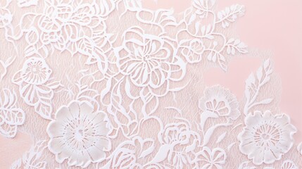 Fototapeta premium Elegant white lace fabric featuring intricate floral patterns on a soft pink background