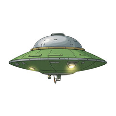 retro-futuristic ilustration of a green metal flying saucer