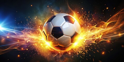 Fototapeta premium A soccer ball emitting a radiant glow as lights and sparks surround it, set against a dark background with vibrant colors , movement, high intensity