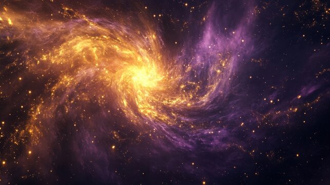 Ethereal Cosmic Nebula with Iridescent Gold Particles Dancing in Deep Purple Space Creating Mystical Galaxy Formation