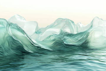 Abstract teal waves forming ethereal, translucent mountains on a calm sea.