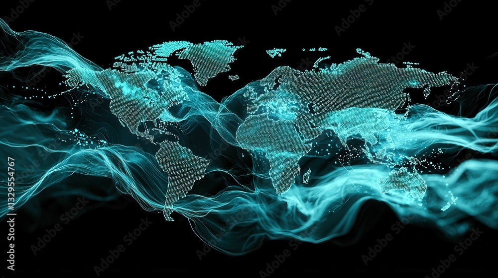Poster a mesmerizing futuristic visualization of a global digital network featuring dynamic waves of energy