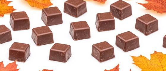 Fototapeta premium Autumn Chocolate Delights: A Collection of Square Milk Chocolate Candies Adorned with Vibrant Fall Leaves
