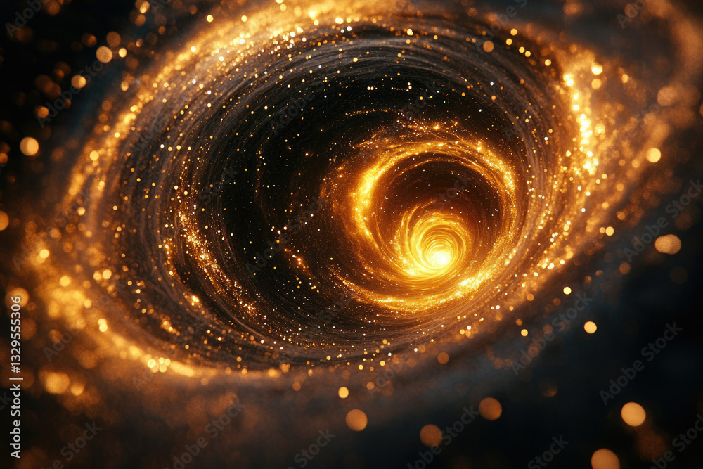 Poster a mesmerizing golden vortex of light and particles swirling into a bright center, evoking feelings o