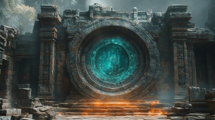 an ancient stone gate with an otherworldly glowing portal, in a historical city ruin