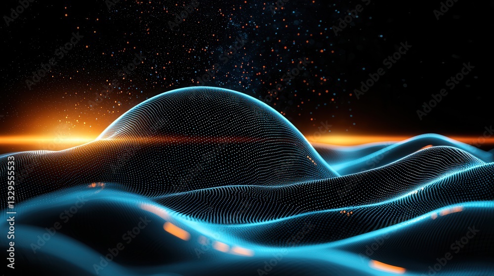 Poster futuristic abstract visualization depicting a dynamic network of glowing waves and particles represe