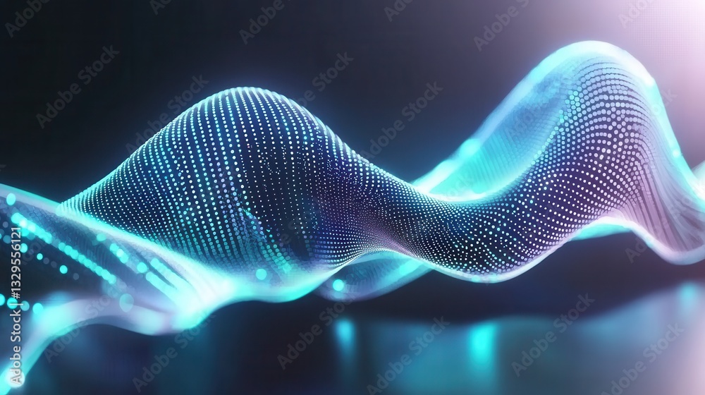 Poster futuristic abstract of dynamic blue waves and data flow crossing a dark digital background creating 