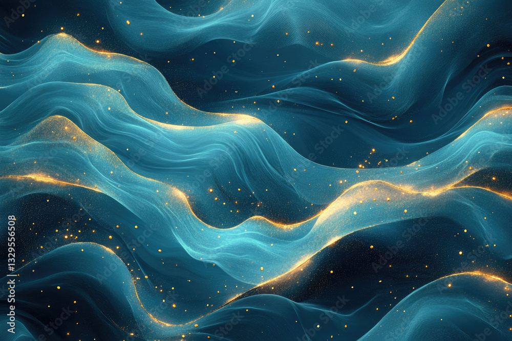 Poster abstract teal and gold waves with glittering particles, creating a luxurious and elegant design.