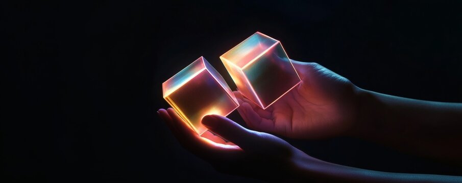Hands cupping and holding glowing translucent geometric cubes delicately