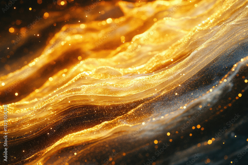 Poster golden glitter waves, shimmering and flowing, creating a luxurious and elegant abstract background.