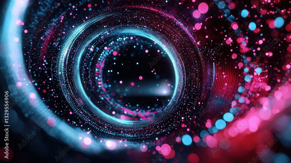 Poster vibrant and dynamic abstract composition featuring glowing neon like wave lines and a mesmerizing bo