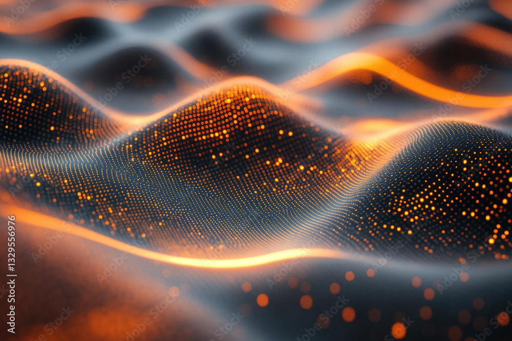 Poster abstract digital landscape with glowing orange particles forming undulating waves.