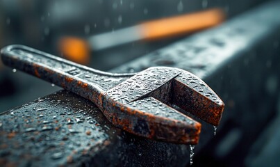Rusted Wrench in Rain