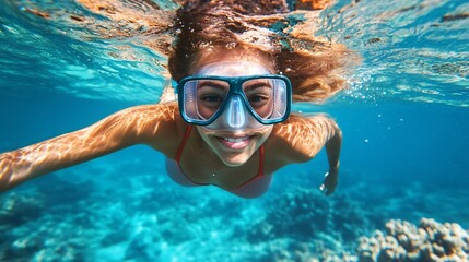 Naklejka premium Elegant Woman Swimming Underwater in Blue Pool with Sunlight, Serenity Concept