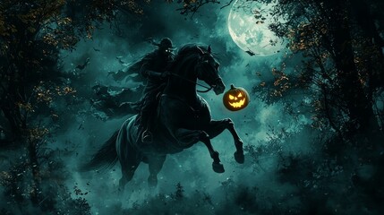 Headless horseman galloping through a moonlit forest, carrying a glowing pumpkin, dark fantasy style, dramatic lighting, high contrast, detailed illustration