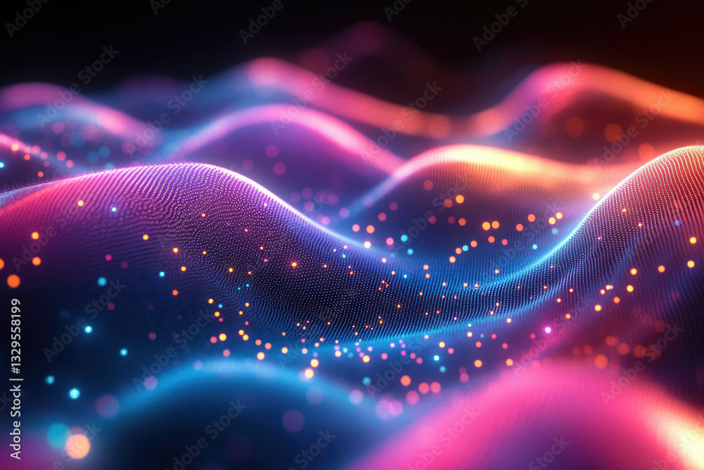 Poster Abstract digital landscape with glowing particles, vibrant colors, and dynamic wave patterns.