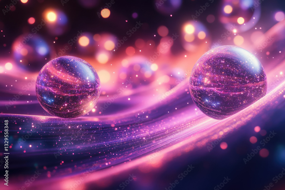Poster glowing orbs rest on a shimmering, purple, galaxy-like surface, surrounded by bokeh lights.